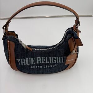 True Religion Denim Shoulder Bag Leather Trim Hobo Y2K Logo Purse